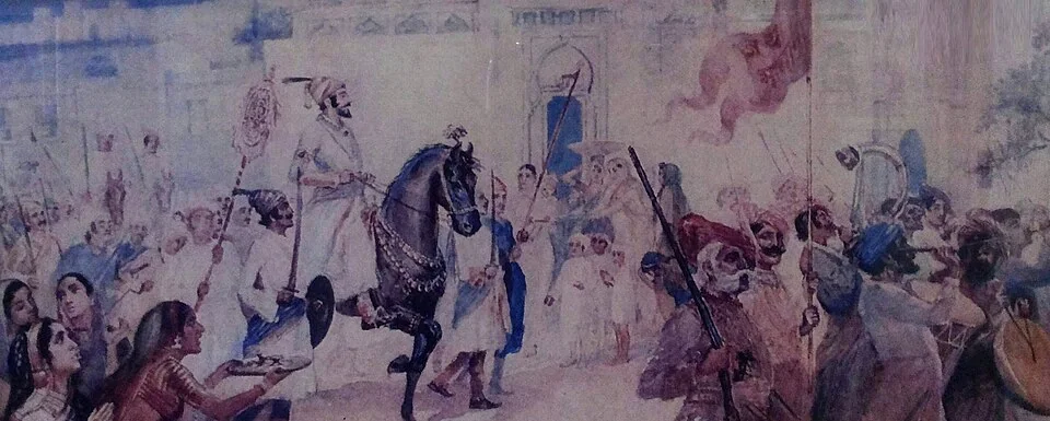 Historical painting depicting Shivaji Maharaj entering Agra